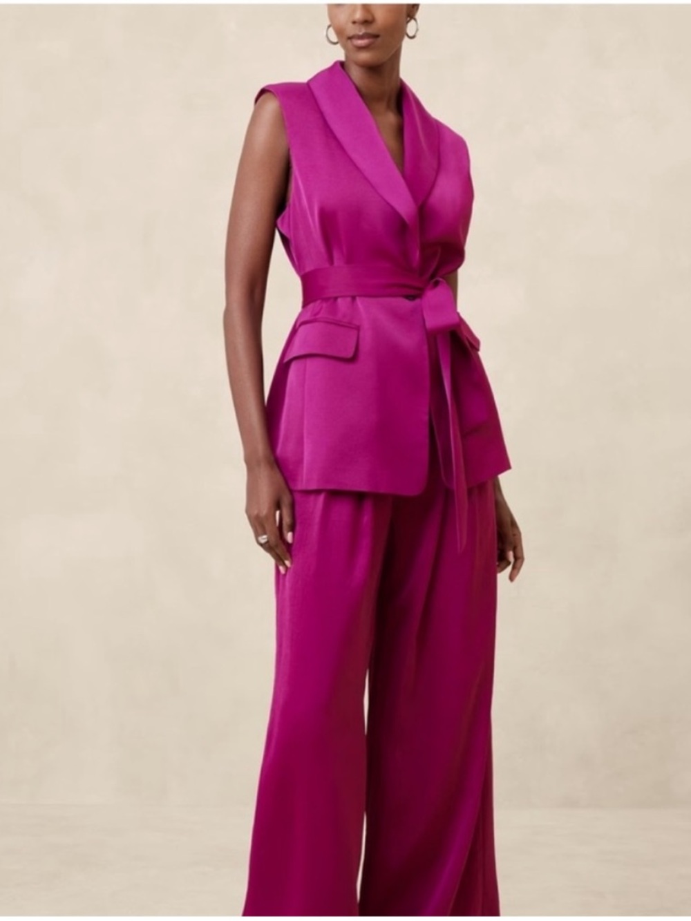 NWT Banana Republic Vibrant Fuchsia Silky Wide-Leg Pants with Matching Long Vest
